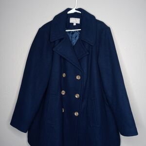 Woman Within Blue Wool Blend Pea Coat